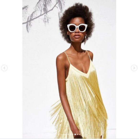 Zara Fringe Mini Dress Light Yellow Blogger Fav Size Small - Picture 5 of 13